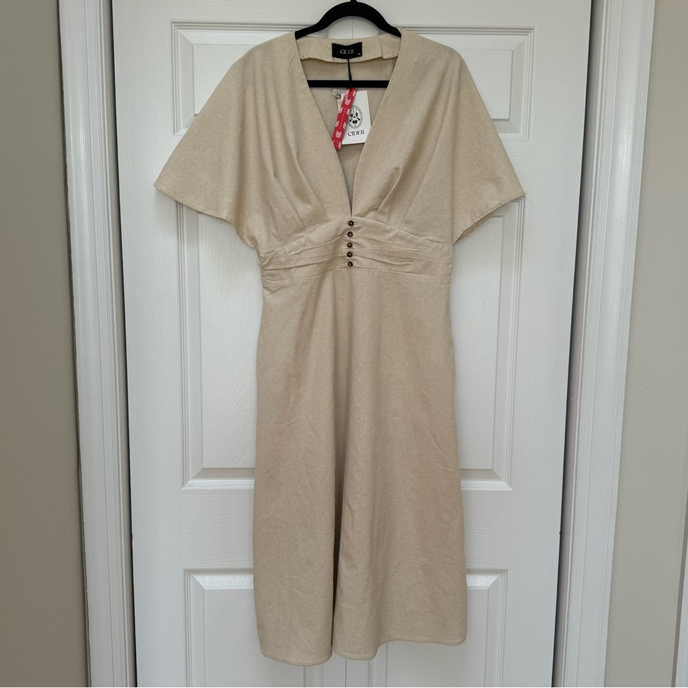 Linen Blend Ruffle Ruched Midi Dress